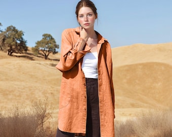 Linen Shirt for Women, Longline Button-Down, Relaxed Tunic Top, Lightweight Layering, Casual Boho Shirt | SKU.25T22T2K