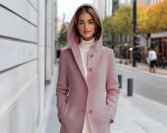 Blush Pink Wool Coat with Hood, Long Custom Tailored Winter Coat for Women, Warm and Elegant Outerwear | 241105