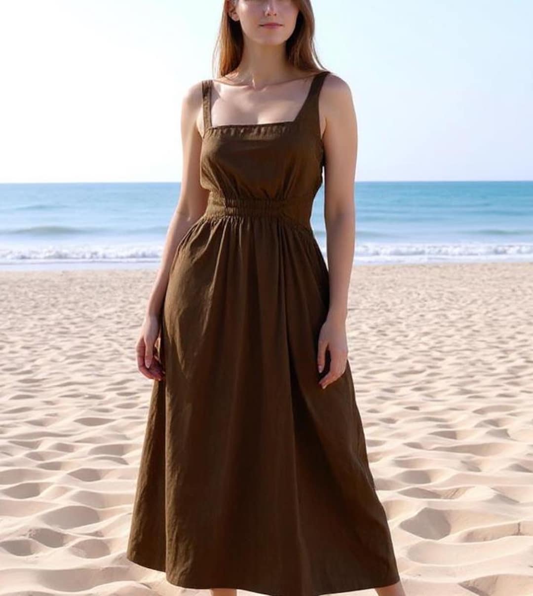 brown summer dress Women's Cotton Linen Dresses 2024 Sleeveless Pleated Casual Knee Length Dress Comfy Summer Lounge Outfits Womens Dresses Casual Coffee S at Amazon Women's Clothing store Off shoulder dresses PRETTYGARDEN Womens Casual Long Summer