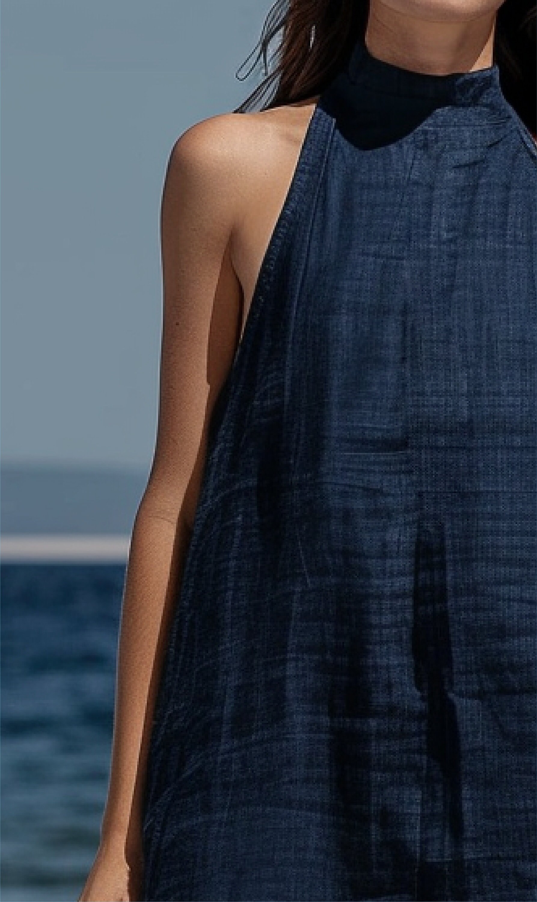 Navy Linen Mock Neck Maxi Dress