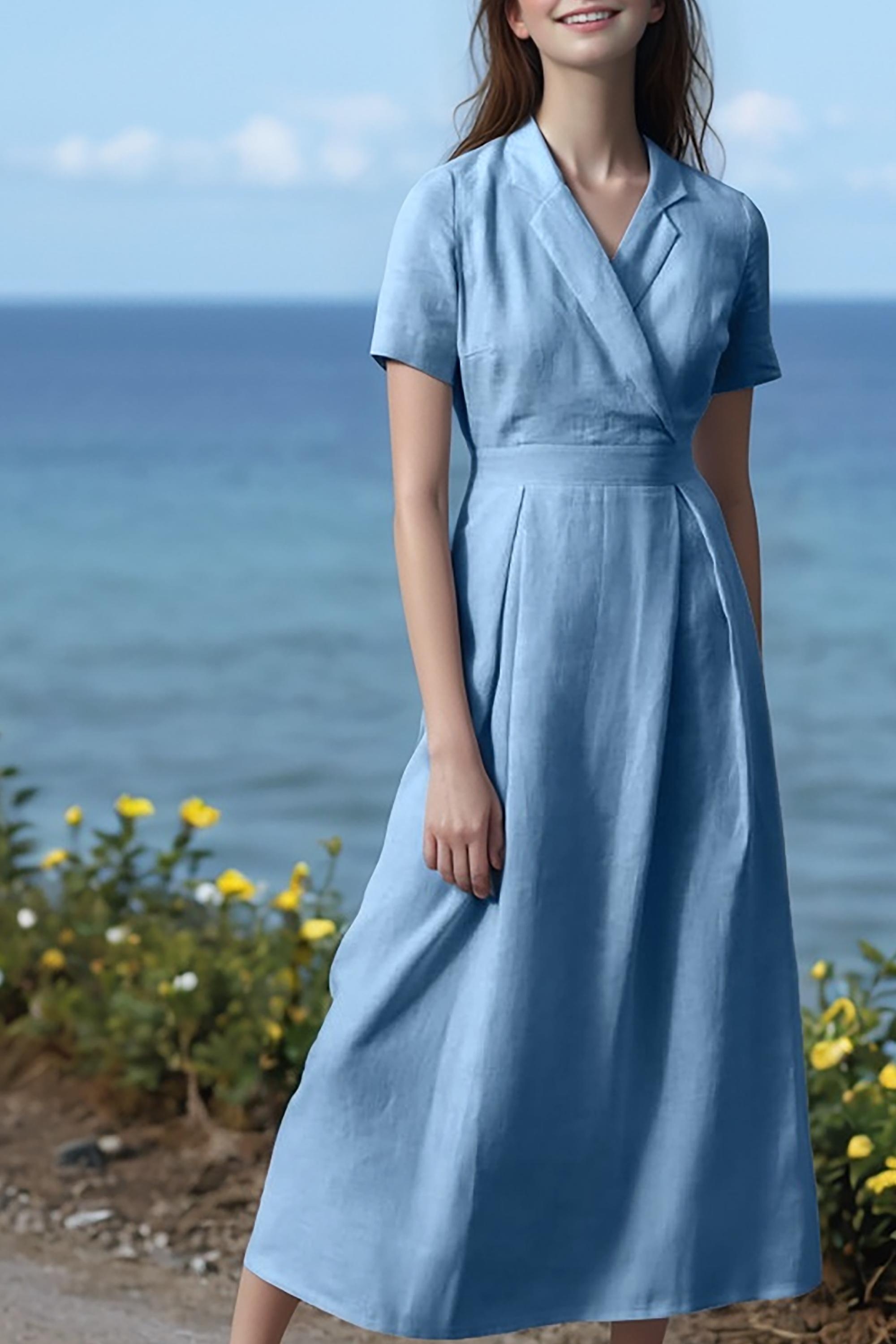 Urban Outfitters Linen Wrap Midi Dress Light Blue Linen Midi Dress, Summer  Short Sleeve Wrap Dress, Casual Elegant Beach Dress