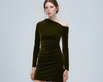 Olive Green off Shoulder Velvet Midi Dress - Etsy