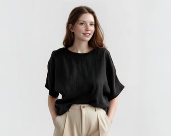 Leinen Top Frauen, Lässiges Sommer Shirt, Weiche Leinen Bluse, Entspannte Passform, Minimalistisches Top, Handgemacht, Atmungsaktives Shirt, Benutzerdefinierte Größe | SKU.25T14T7A