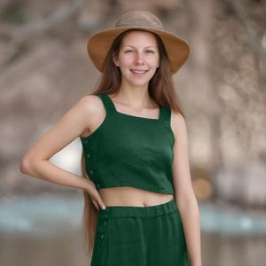 Linen Two Piece Set Women | Summer Wide Leg Pants and Crop Top Set | Sleeveless Green Linen Outfit | SKU.25T11T4E
