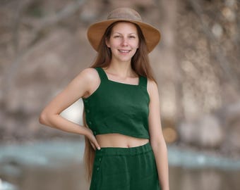 Linen Two Piece Set Women | Summer Wide Leg Pants and Crop Top Set | Sleeveless Green Linen Outfit | SKU.25T11T4E