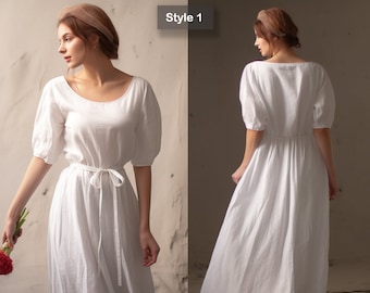 Vestido de noiva de linho branco modesto feito à mão - Vestido de verão midi - Roupas de linho femininas | 230820A