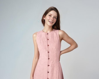 Sleeveless Pink Linen Midi Dress, Button Down Summer Dress, A-Line Casual Elegant Dress for Women | SKU.25T11T3H