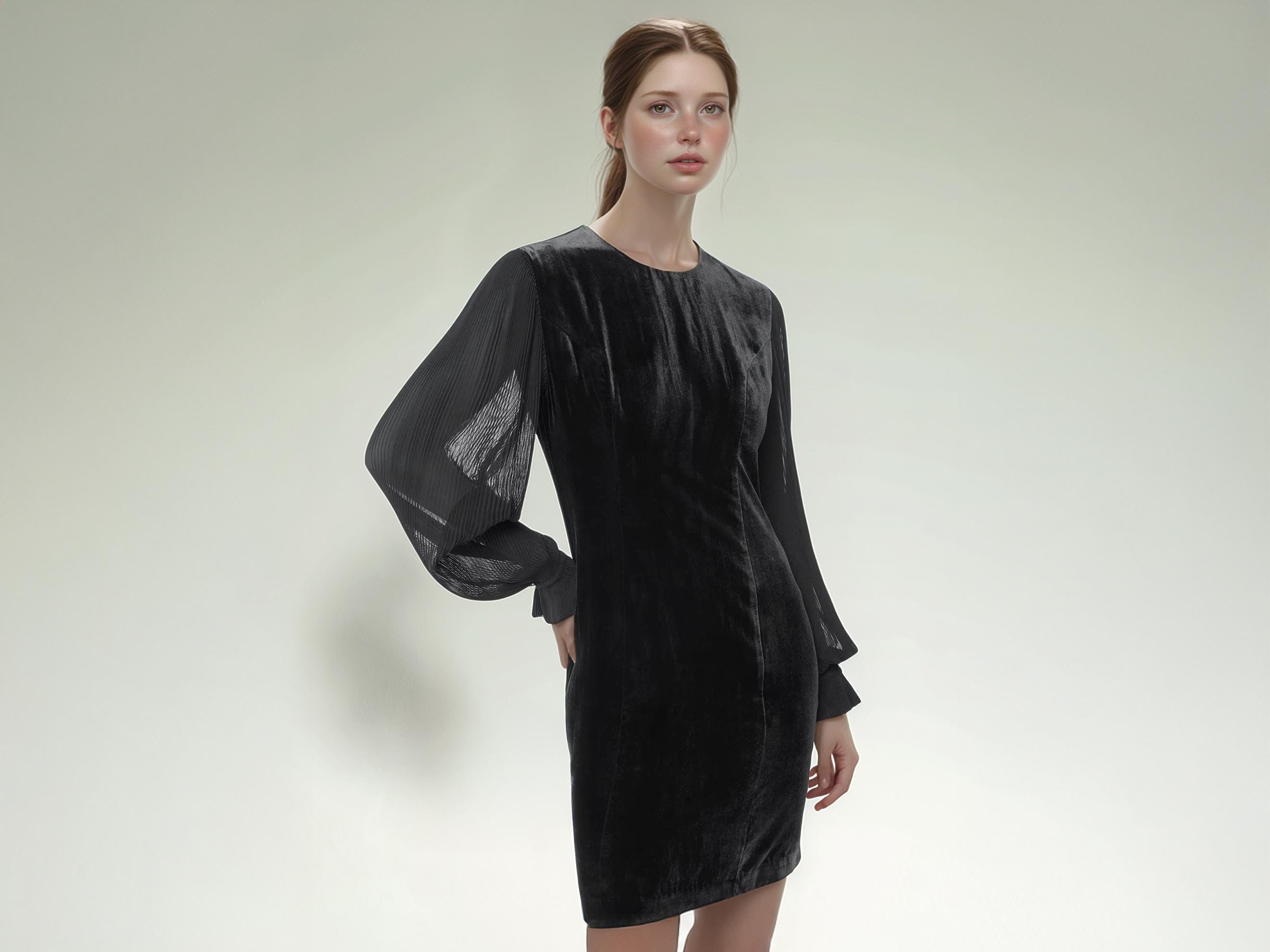 long sleeve black velvet mini dress Claudine