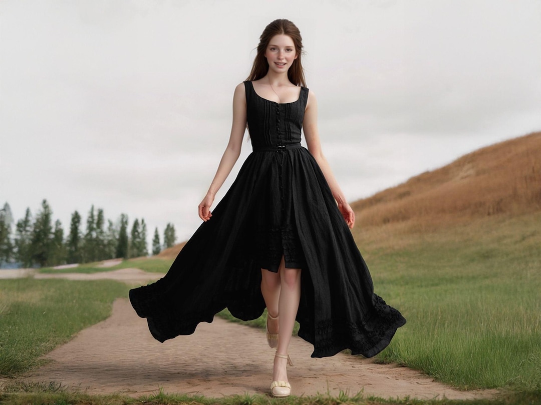 Black Linen Corset Dress – Gothic Vintage High-Low Hem, Sleeveless Elastic Linen Midi Dress with Ruffles | SKU.25T14T6C