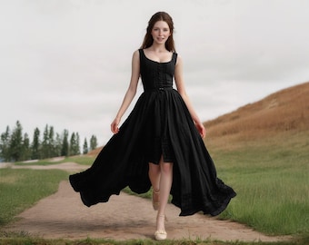Black Cotton Linen Fit & Flare Mini Dress: Corset Bodice, Circle Skirt, Pockets - Etsy Black Cotton Linen Fit & Flare Mini Dress: Corset Bodice, Circle Skirt, Pockets - Etsy