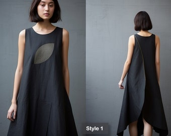 May include: A black sleeveless dress with a unique design featuring a green leaf-shaped cutout on the front and a high-low hemline. The dress is styled on a model with short black hair. "Style 1" is written in white text on a gray background.