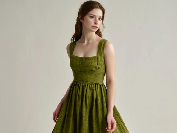 Linen Midi Dress with Cross Back, Summer Sundress, Sleeveless Flowy Dress, Cottagecore Dress, Custom Fit | SKU.25T14T6Q