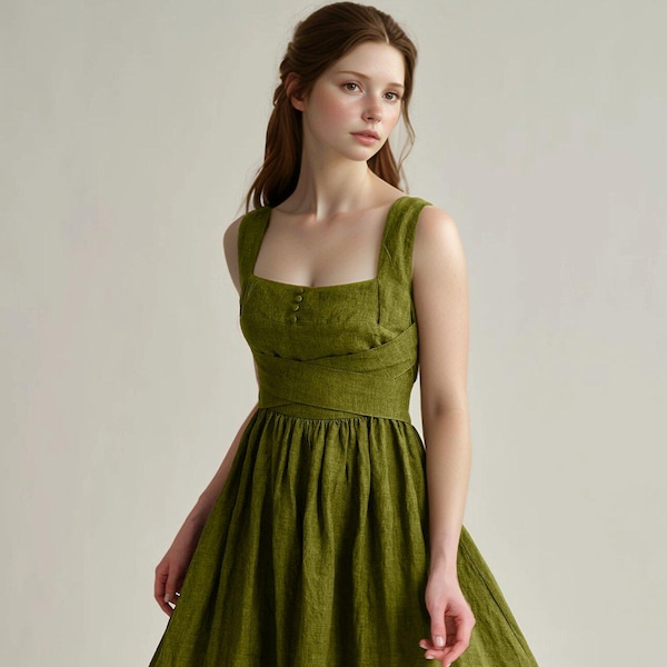 Linen Midi Dress with Cross Back, Summer Sundress, Sleeveless Flowy Dress, Cottagecore Dress, Custom Fit | SKU.25T14T6Q