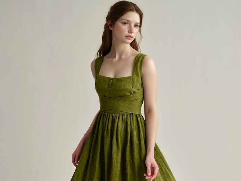 a woman in a green dress poses for a picture