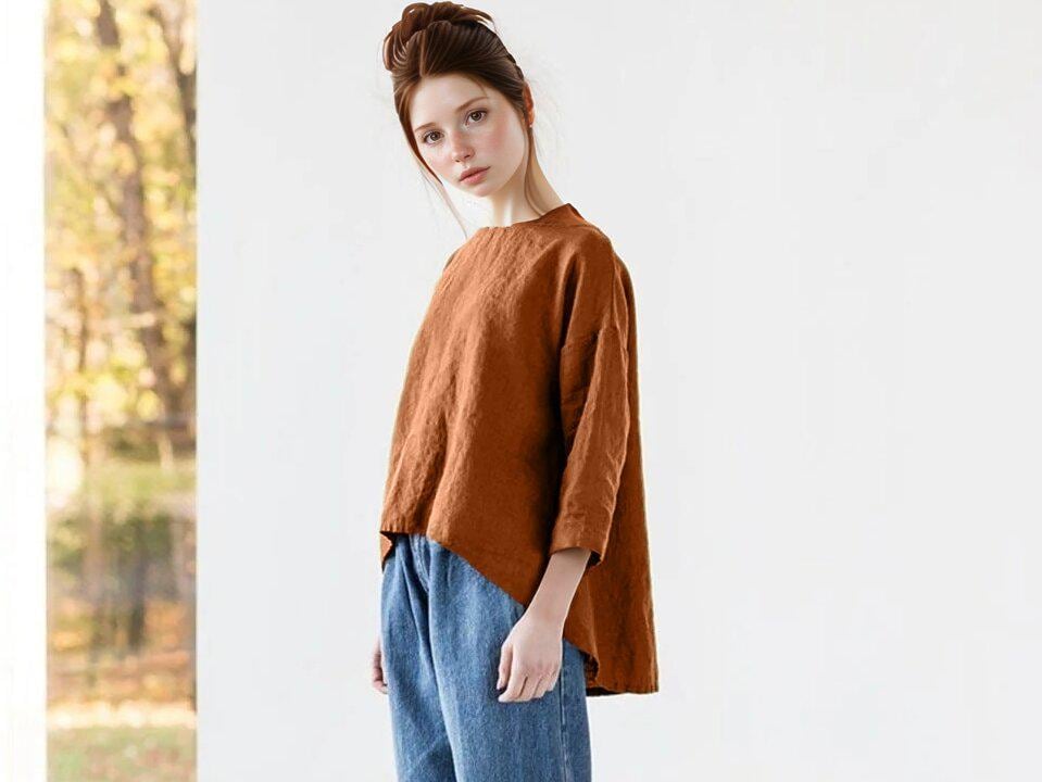 Linen Trapeze Top, Loose Fit Boxy Shirt, Cropped Front, Minimalist Linen Top, Casual Women’s Shirt | SKU.25T22T3D
