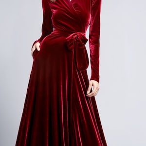 Crimson Velvet Retro Glam Maxi Dress | Bridesmaid Dress | Refined Technique, and Wrap Neck | Vintage Elegance for a Timeless Look