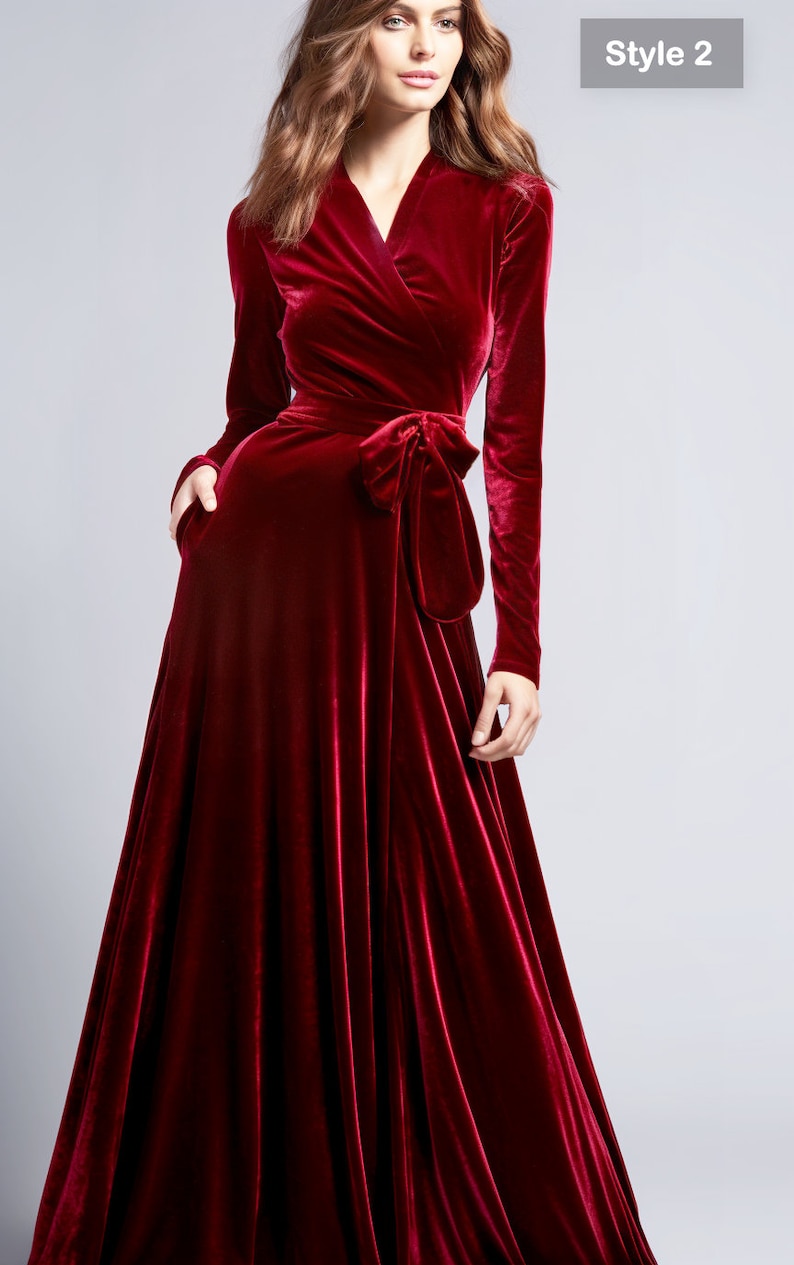 Crimson Velvet Retro Glam Maxi Dress | Bridesmaid Dress | Refined Technique, and Wrap Neck | Vintage Elegance for a Timeless Look