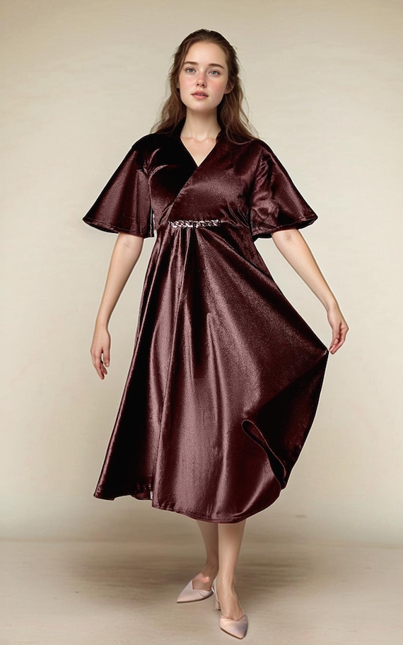 Velvet Midi Dress with Flare Sleeves - Brown Wrap Dress for Women | SKU.24T17T5E