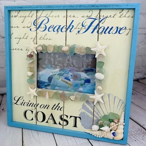 Handmade Sea Glass & Sea Shell Lined Picture Frame! 11 1/4&quot; by 11 1/4&quot;, FITS 5&quot; x 7&quot; PHOTOS Genuine Beach Glass Beautiful Gift! Wooden Frame