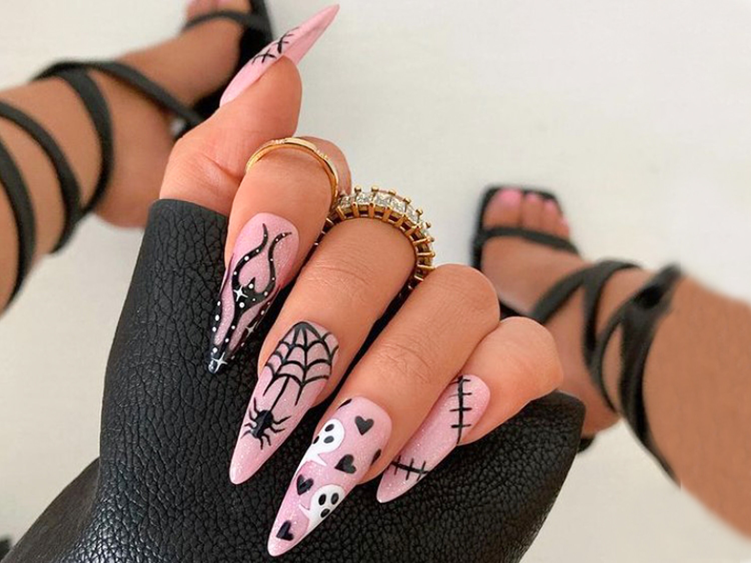 24pcs Halloween False Nails Long Coffin, White Tip French Stick on Nails  Pink Heart Spider Web Press on Nails Removable Fake Nails, Halloween Make  Up Costume Accessories for Women Adults : 