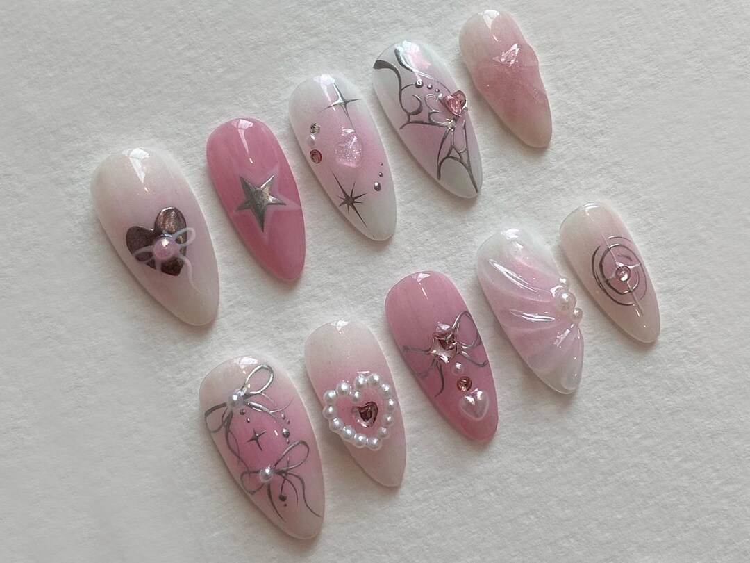 Elegant Y2K Nail Set Pink and Green Gel Press on Nails Cool Girl Nails ...