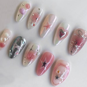 Unique Ombre Pink Press on Nails Adorable 3D Raised Art Unique Nail Set ...