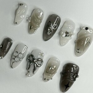 Cool Y2k Press on Nails Silver-gray and White 3D Gel Raised Press on ...