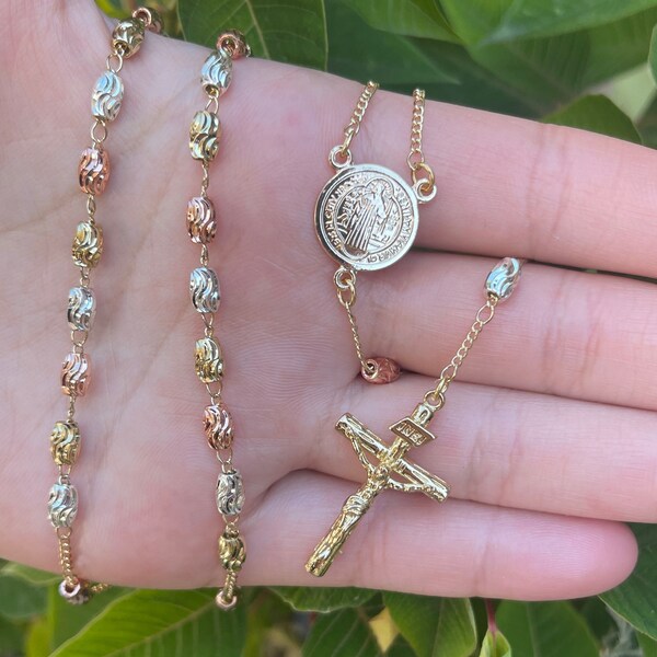 Rosary Necklace San Benito Rosario Saint Benedict Oro Laminado Crucifix Rosario Tri-Color Gold Plated Rosary for Gift Rosario