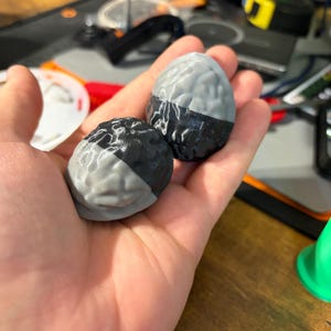 May include: Two small, three-dimensional objects shaped like human brains, each featuring a distinct dual-tone design. One half of each brain is colored in a light gray, while the other half is a solid black, creating a high-contrast appearance.