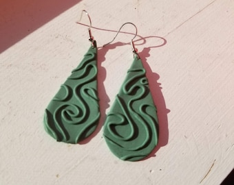 Clay Earrings | Sage Green Teardrop Earrings | Lightweight | Handmade | Sage Green with Coil Detail