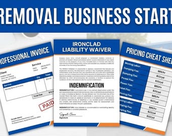 May include: A Junk Removal Business Starter Kit featuring a professional invoice, liability waiver, and pricing cheat sheet. The invoice is marked "PAID". The kit has a blue and white design with the text "JUNK REMOVAL BUSINESS STARTER KIT".