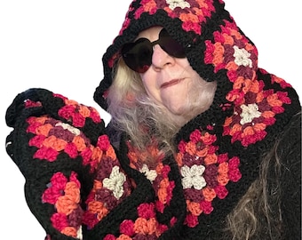 Granny Square Hooded Scarf In Pink and Black Crochet, Crochet Scarf For Woman, Crochet Gift For Mom, Boho Crochet Scarf, Winter Weather