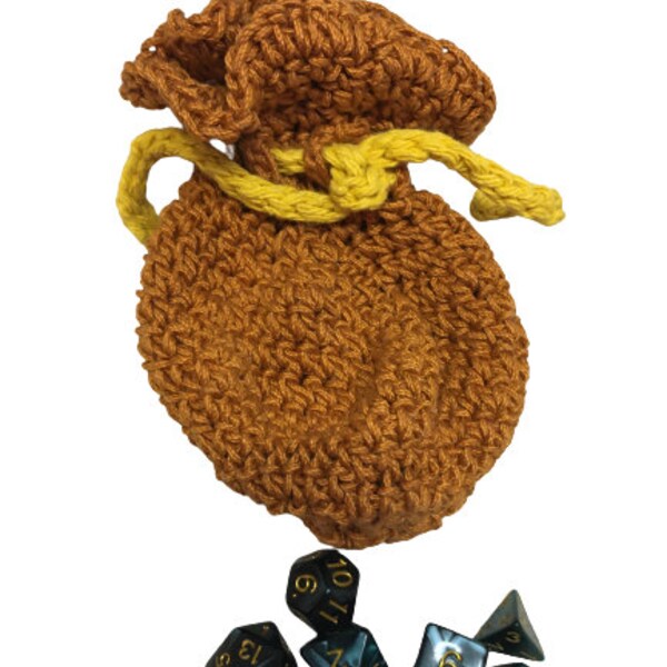 Hand-Crocheted DND Dice Bag, Bag of Holding in Brown with Gold Closure, Coin Purse Dice Bag, Nerd Gifts, DND Dice bag, RPG Gamer Dice