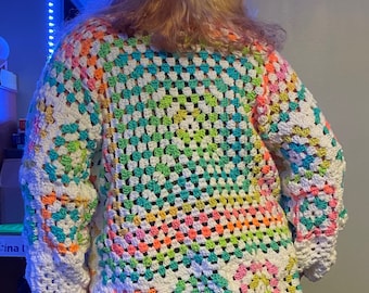 Hand Crochet Granny Square Cardigan, Women&#39;s Plus Size XXXL,  Pastel Color, Boho Oversized Sweater, Plus size sweater, 2X 3X Womens Gift
