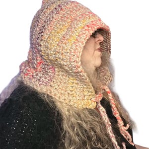 Hand Crochet Pastel Hood With Braids, Cosplay Hood In Pastels For Her, Gift For Witch, Cute Hood For Elf, Witch, Fae, Fairy Rennaisance Fair
