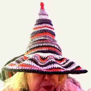 Hand Crochet Orange Black White Witch Hat, Halloween Costume, Wiccan Accessories, Witchy Fashion, Handmade Cosplay Hat, Witchy Gift For Her