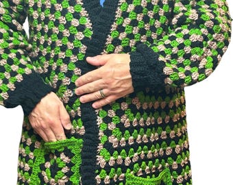 Hand Crochet Long Hexagon Cardigan, Unisex Plus Size XXL XXXL, Green Black Camo, Plus size sweater, Unisex Offset Pocket Cardigan Great Gift