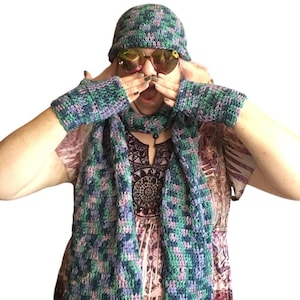 Hand-Crochet Four Piece Winter Set in Blue, Green, and Purple, Beanie Hat, Fingerless Gloves, and Scarf, Boho Winter Set For Her, Christmas