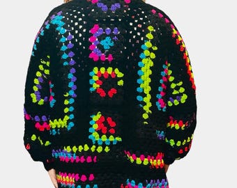 Hand Crochet Hexagon Cardigan, Women&#39;s Plus Size XXL XXXL, Black and Neon, Plus size sweater, Unisex Colorful Fun Cardigan Great Gift