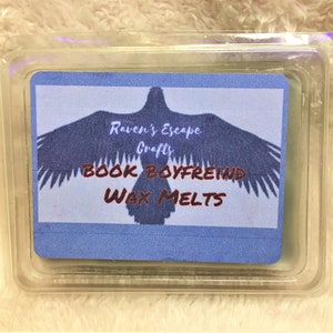 May include: A rectangular wax melt package with a blue label featuring a raven silhouette and the text "Raven's Escape Crafts BOOK BOYFRIEND WAX MELTS". The package is clear plastic.