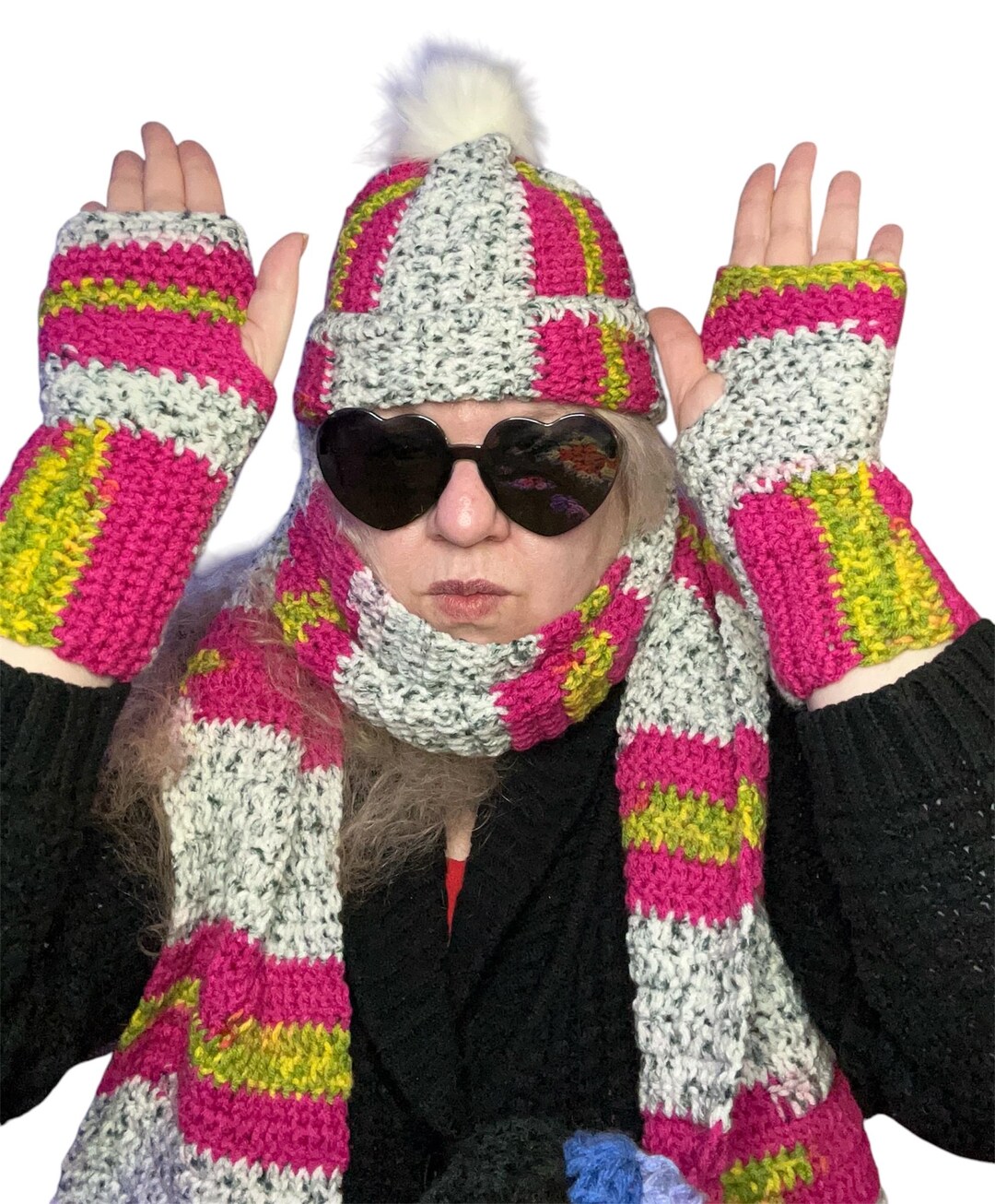 Crochet Hat Scarf Hand Warmer Set: Dragonfruit Colors, Faux  display picture 1