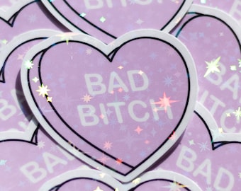 Bad Bitch Lavender Weatherproof Holographic Heart Sticker, Cute Heart Stickers, Holographic Decal, Bad Bitch Heart Stickers