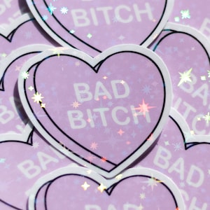 Bad Bitch Lavender Weatherproof Holographic Heart Sticker, Cute Heart Stickers, Holographic Decal, Bad Bitch Heart Stickers