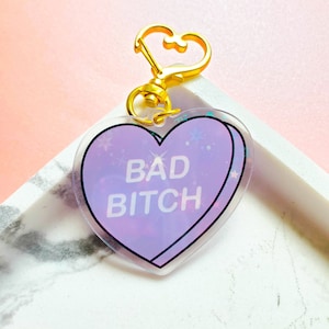 Bad Bitch Purple Heart Holographic Single Side Acrylic Keychain Daily Affirmation, Bad Bitches, Positivity Keychain, Gift for Her