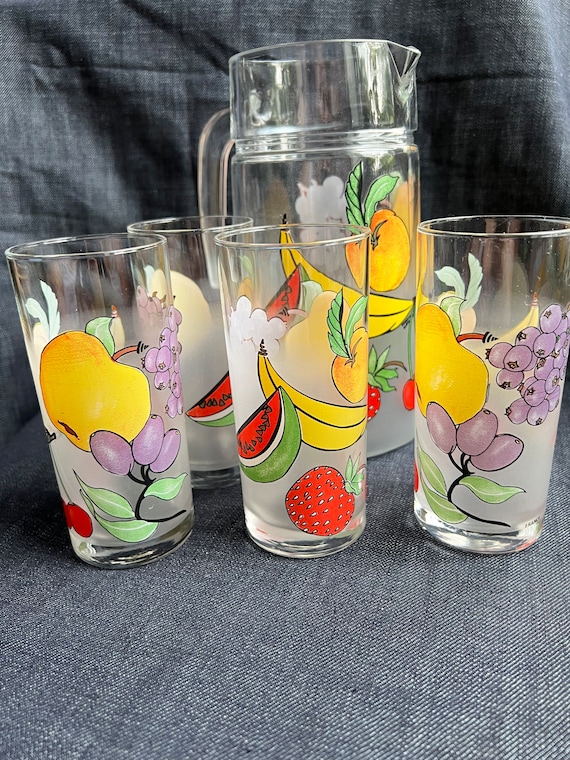 French Vintage Fruit Pattern Glass Pitcher and Juice Glasses. 