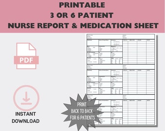 Three or Six Patient Med Surg Nurse Report Brain Sheet Printable PDF Template. Multiple Patient SBAR RN handoff.  Nursing Student Resources.