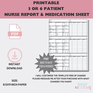 Three or Six Patient Med Surg Nurse Report Brain Sheet Printable PDF Template. Multiple Patient SBAR RN handoff.  Nursing Student Resources.