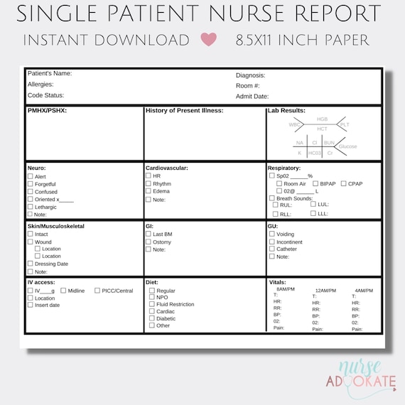Single Patient Nurse Report Sheet Template. SBAR Handoff. Etsy