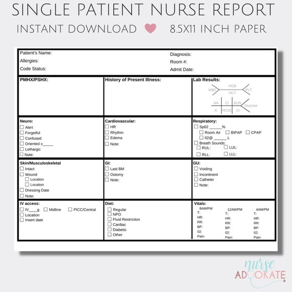 Single Patient Nurse Report Sheet Template. SBAR Handoff. Simple Full  Patient Assessment. Med Surg Brain Sheet. Nursing Student Report PDF. 
