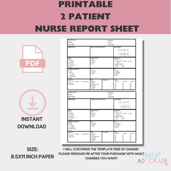 Two Patient Nurse Report Sheet Template. SBAR RN Handoff. Simple Full  Patient Assessment. Med Surg Brain Sheet. Nursing Student Report PDF. 